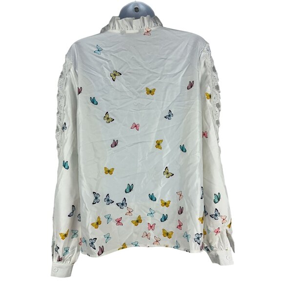 ChicMe Womens White Long-Sleeve Top With Multicolor Butterfly Print & Lace - Picture 4 of 8